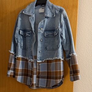 SO Women's Blue Denim and Brown Plaid Jacket